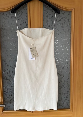 Mango,etiketli ekru straplez elbise - Görsel 3