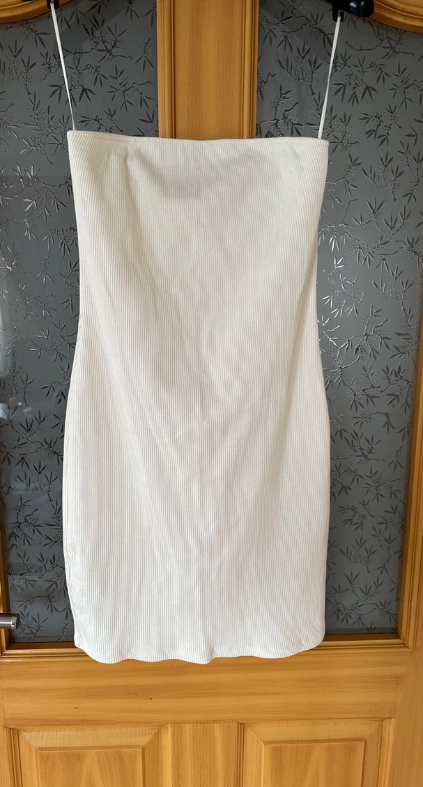 Mango,etiketli ekru straplez elbise - Görsel 2