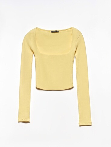 Kare Yaka Fitilli Pamuk Crop Top Tshirt