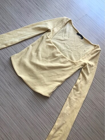 s Beden sarı Renk Kare Yaka Fitilli Pamuk Crop Top Tshirt