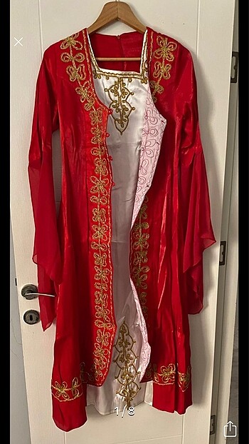 m Beden kırmızı Renk Altın İşlemeli Desenli Beyaz Kına Elbisesi Tül Bindallı Kaftan