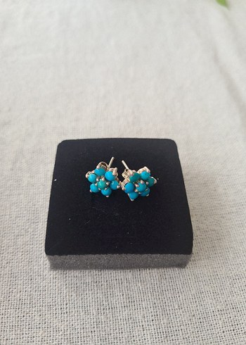 Mini Turkuaz Boncuklu Çiçek gümüş Küpe