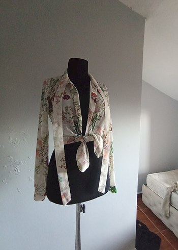 Düğmeli, Uzun Kollu, Kısa Bej Bohem Kimono
