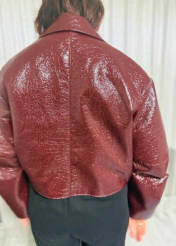 s Beden Bordo Parlak Deri Biker Ceket