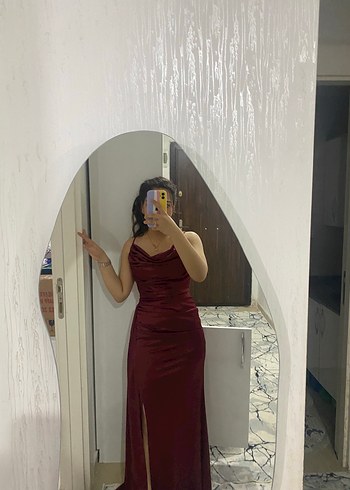 Bordo Uzun Drapeli V Yaka Kadın Elbise