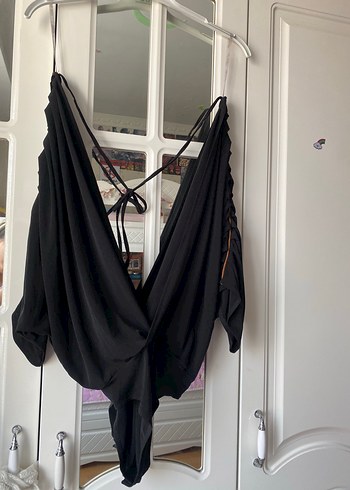 36 Beden siyah Renk Siyah V Yaka Drape Detaylı Gevşek Bluz