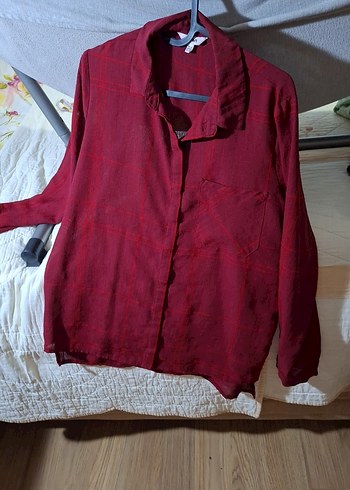 Bordo Düğmeli Uzun Kollu Keten Gömlek