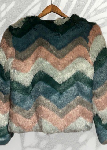 Renkli Zigzag Desenli Suni Kürk Mont  Yumuşak Dokulu - Görsel 2
