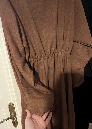 Uzun Kahverengi Keten Elbise - Görsel 2