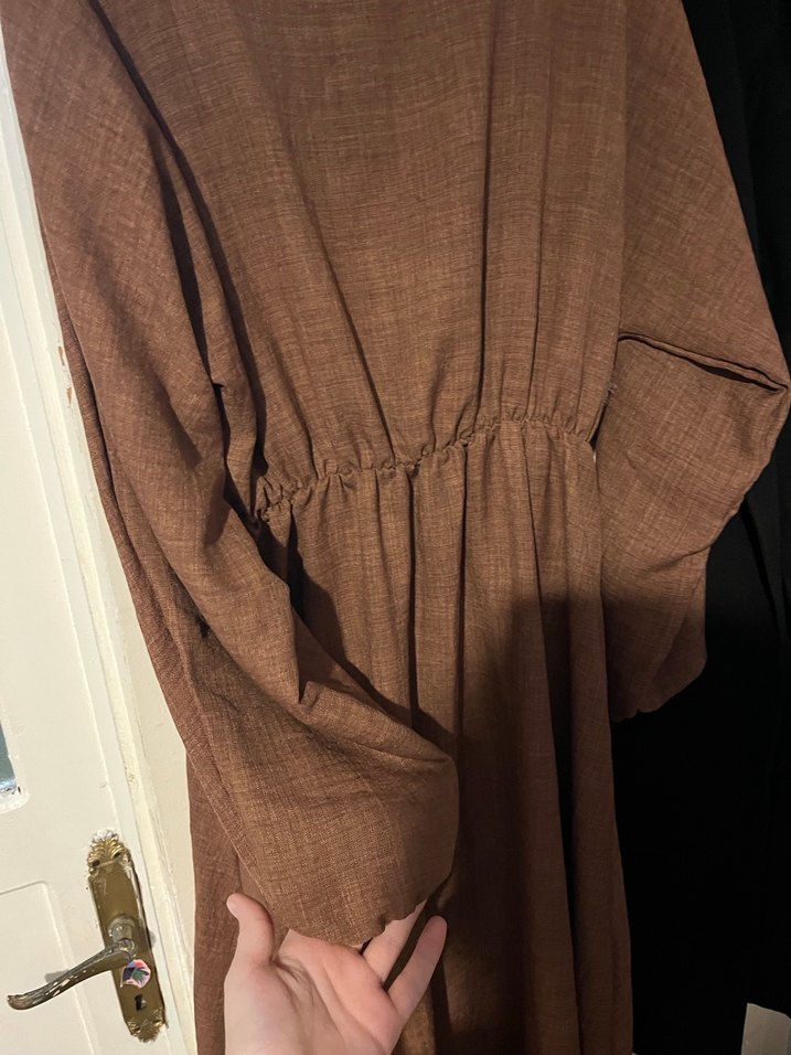 Uzun Kahverengi Keten Elbise - Görsel 2