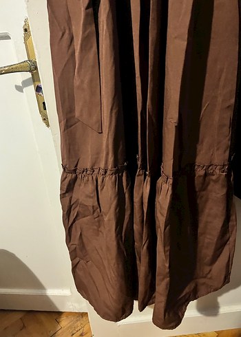 Uzun Kollu Kahverengi Keten Elbise - Görsel 4