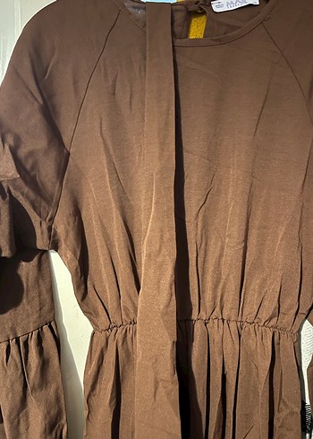 Uzun Kollu Kahverengi Keten Elbise - Görsel 3