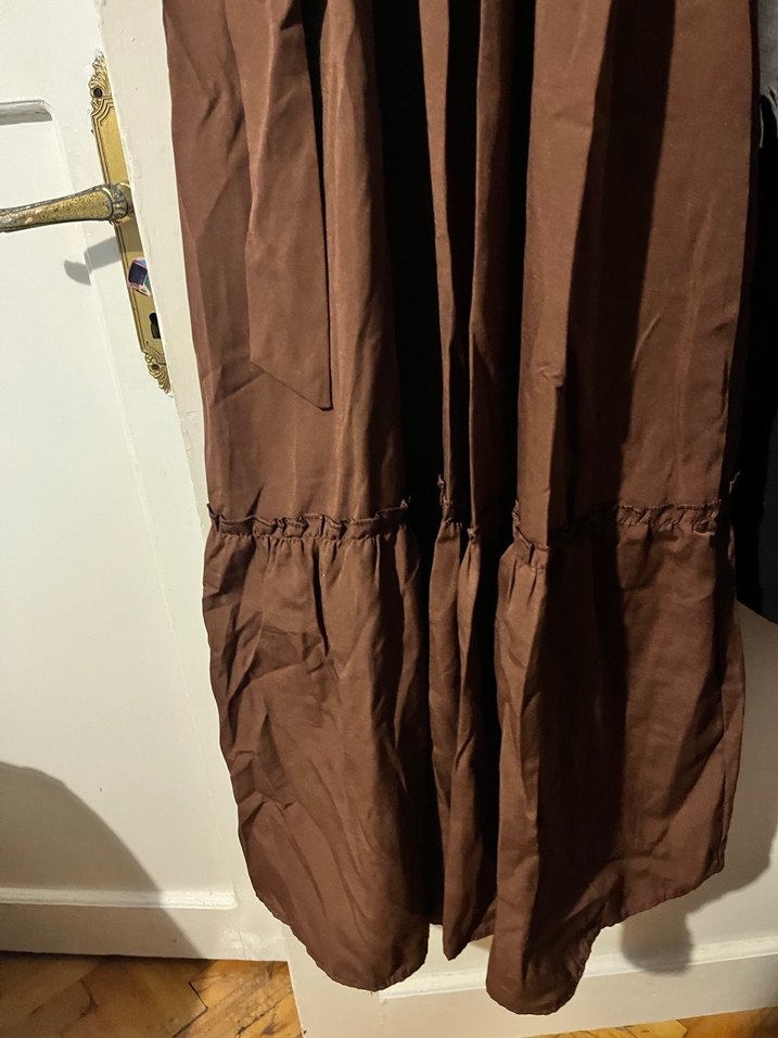 Uzun Kollu Kahverengi Keten Elbise - Görsel 4