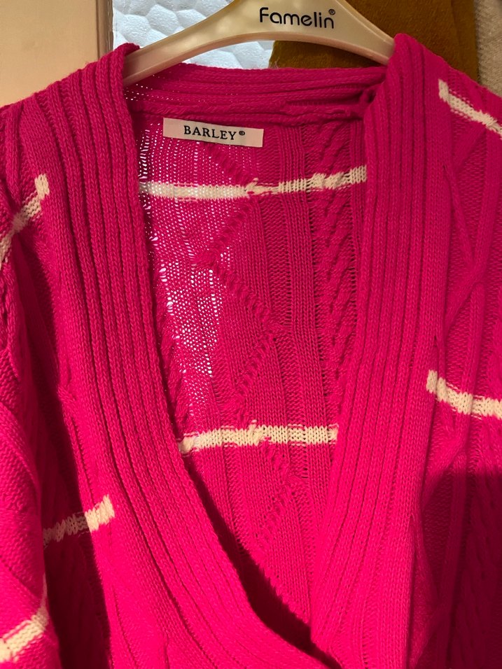 Pembe Bağlamalı Örgü Salaş Kadın Hırka - Görsel 3