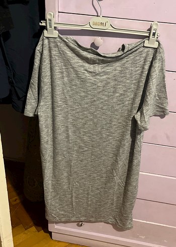 Gri Kısa Kollu Kadın Keten Tişört - Görsel 4