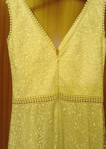 Bej Dantelli V Yaka Uzun Abiye Elbise - Görsel 5