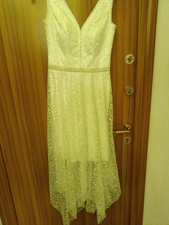 Bej Dantelli V Yaka Uzun Abiye Elbise - Görsel 2