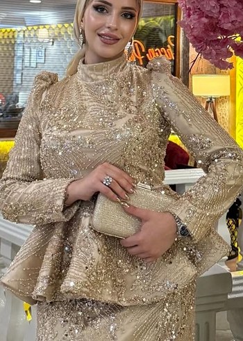 diğer Beden altın Renk Altın Renkli Uzun Drape Detaylı Kadın Kına Elbisesi