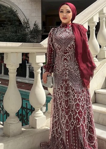 Abiye Bordo Desenli Uzun Abiye Elbise