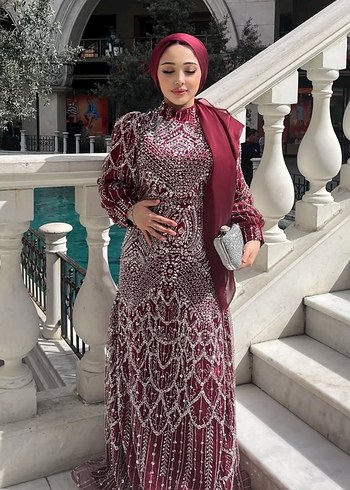 Bordo Desenli Uzun Abiye Elbise