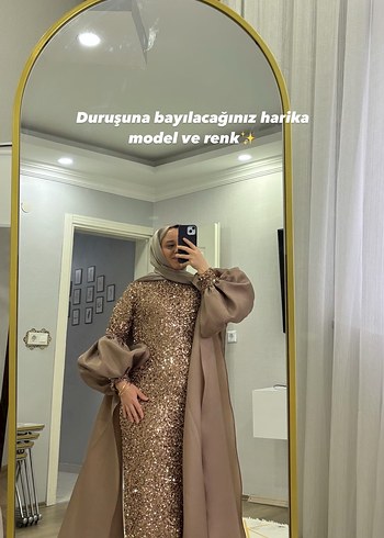 Bej Parlak Drapeli Uzun Kollu Kadın Abiye Elbise