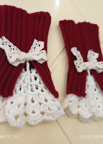 Dantel Detaylı Bordo Örgü Kadın Eldiveni - Görsel 2