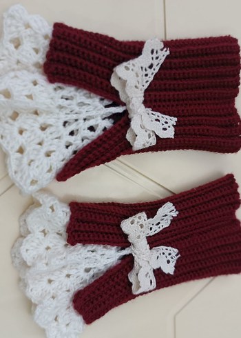 Dantel Detaylı Bordo Örgü Kadın Eldiveni - Görsel 3