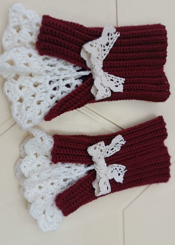 Dantel Detaylı Bordo Örgü Kadın Eldiveni - Görsel 5