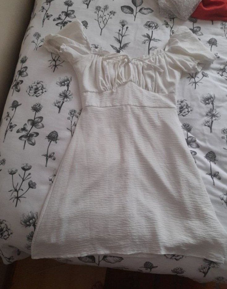 Beyaz  Mezuniyet elbisesi Straplez Midi Drapeli Kadın Elbise - Görsel 3