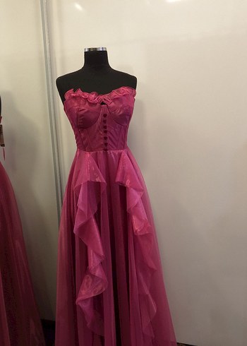 Pembe Straplez Uzun Abiye Elbise