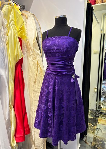 Mor Straplez Dantel Vintage Abiye Elbise
