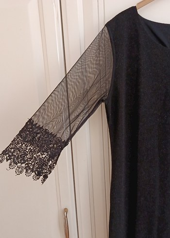 Diğer Dantel Detaylı Siyah Midi Gotik Elbise