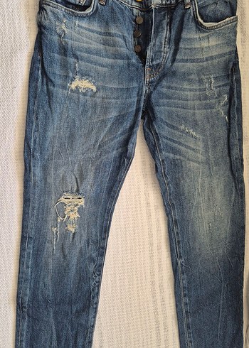 Düğmeli Gri Mavi Kadın Denim Pantolon