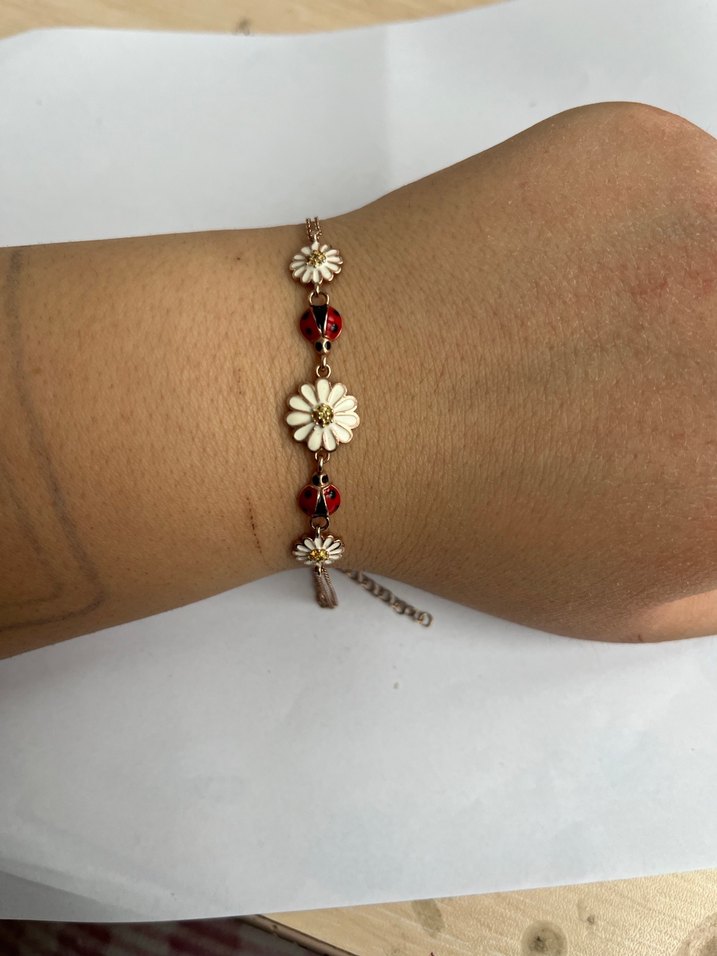 925 ayar mineli papatya ve uğur böcekli bileklik - Görsel 2