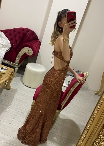 Parlak pul payetli Kahverengi Uzun Abiye - Görsel 2