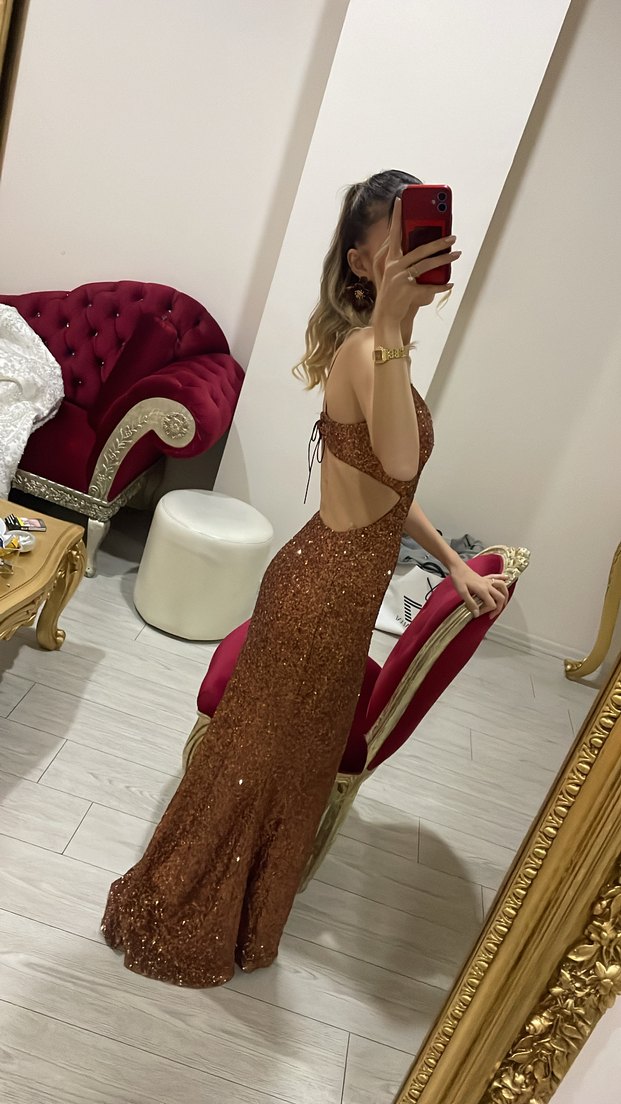 Parlak pul payetli Kahverengi Uzun Abiye - Görsel 2