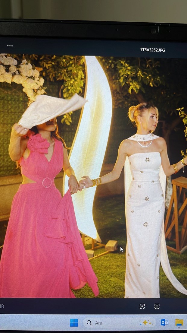 Pembe Drapeli Uzun Strappy Nişan Elbisesi - Görsel 3