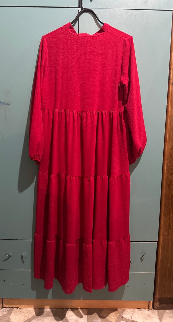 Düğmeli Kırmızı Bohem Uzun Elbise - Görsel 2