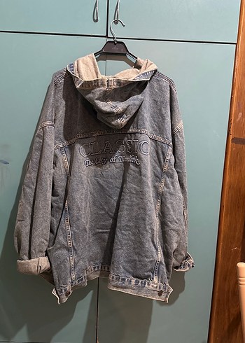 Diğer Kapüşonlu Gri Oversize Kadın Kot Ceket