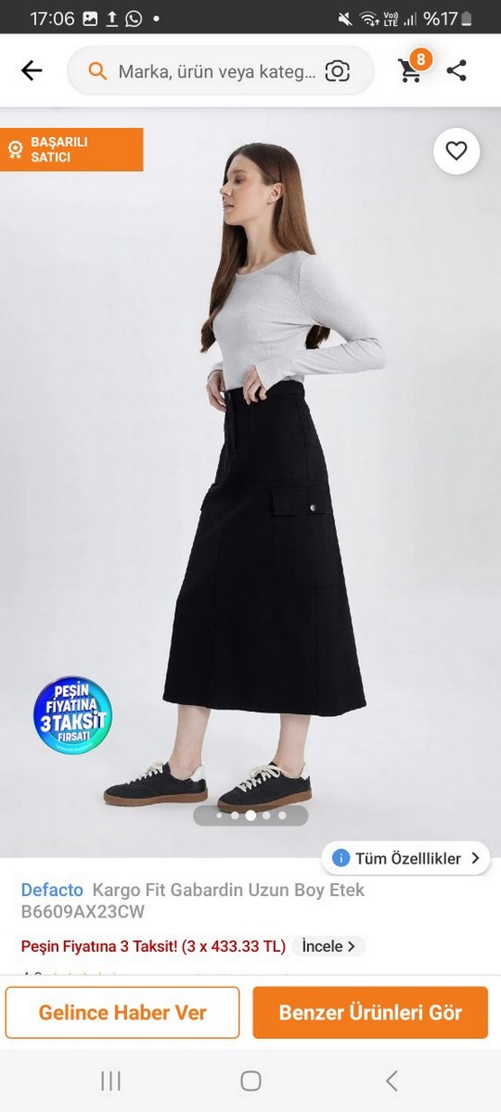 Defacto Siyah Gabardin Kargo Etek - Görsel 3