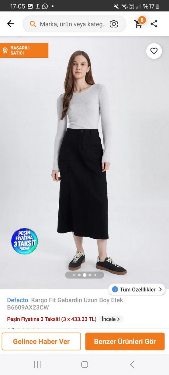 Defacto Siyah Gabardin Kargo Etek - Görsel 5