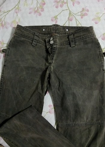 Düğmeli Haki Kadın Denim Pantolon