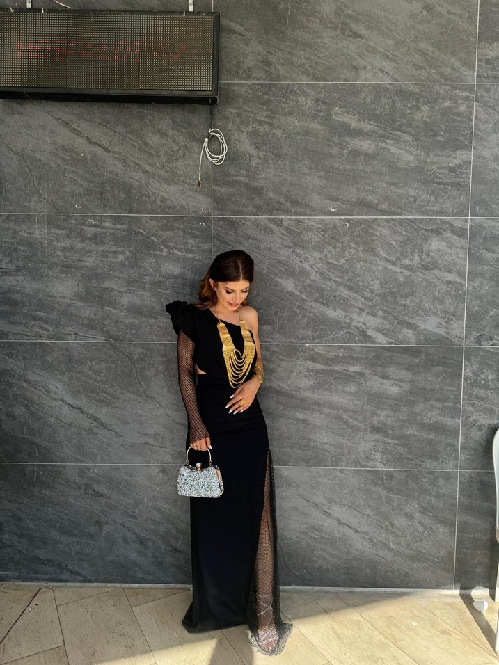 Siyah Drapeli Straplez Uzun Kadın Elbise - Görsel 2