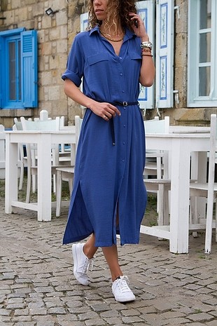 38 Beden trend alaçatı mavi elbise