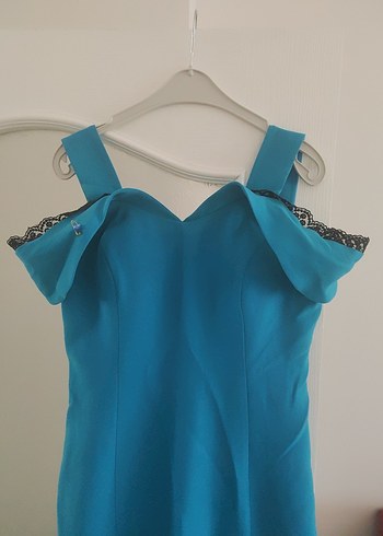 Turkuaz V Yakalı Uzun Drapeli Abiye Elbise - Görsel 2