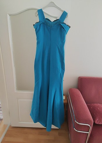 Turkuaz V Yakalı Uzun Drapeli Abiye Elbise - Görsel 3