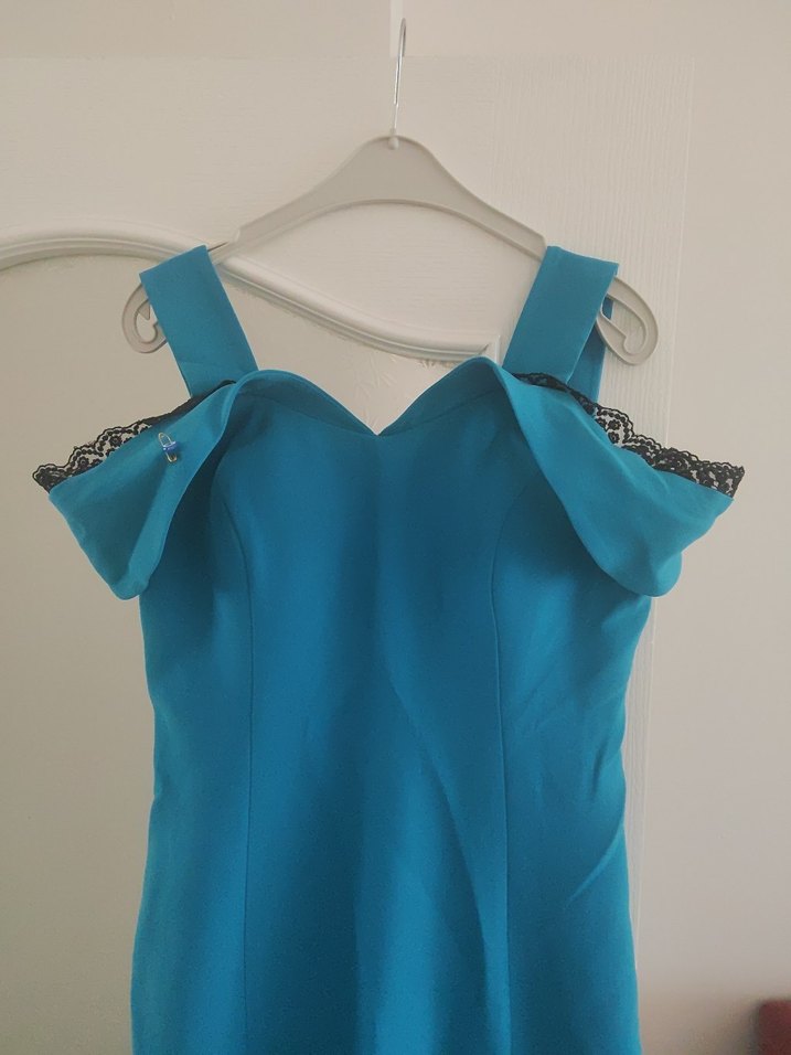 Turkuaz V Yakalı Uzun Drapeli Abiye Elbise - Görsel 2