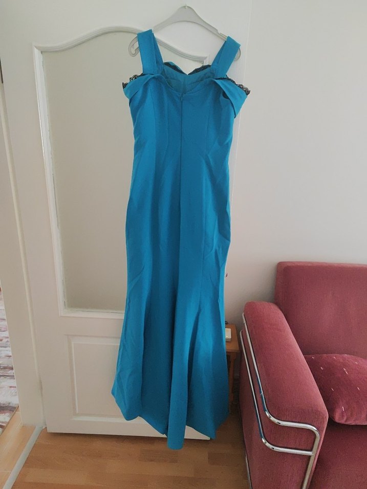 Turkuaz V Yakalı Uzun Drapeli Abiye Elbise - Görsel 3