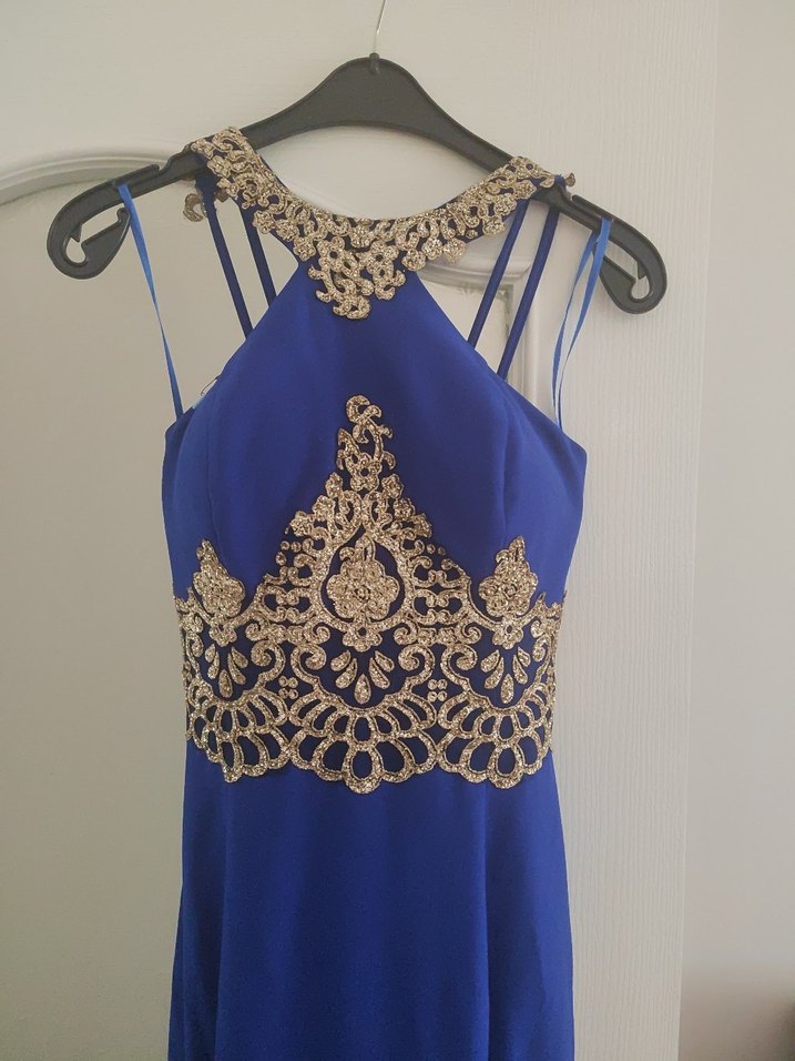 Mavi İşlemeli Uzun Abiye Elbise - Görsel 2