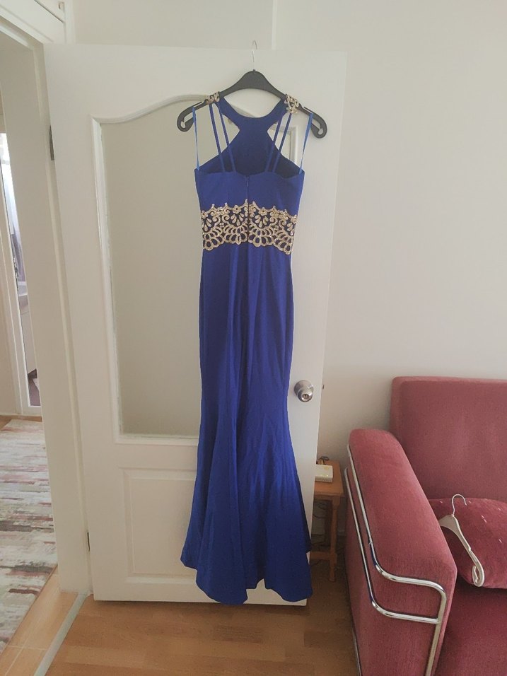 Mavi İşlemeli Uzun Abiye Elbise - Görsel 4